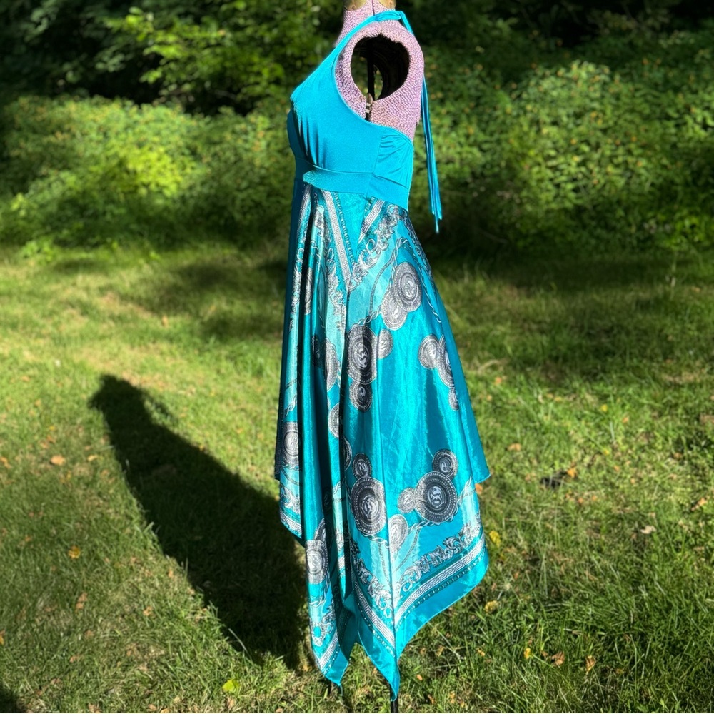 Y2K Boho Fairy Handkerchief Hem silky patterned halter dress Sz L - Picture 4 of 12